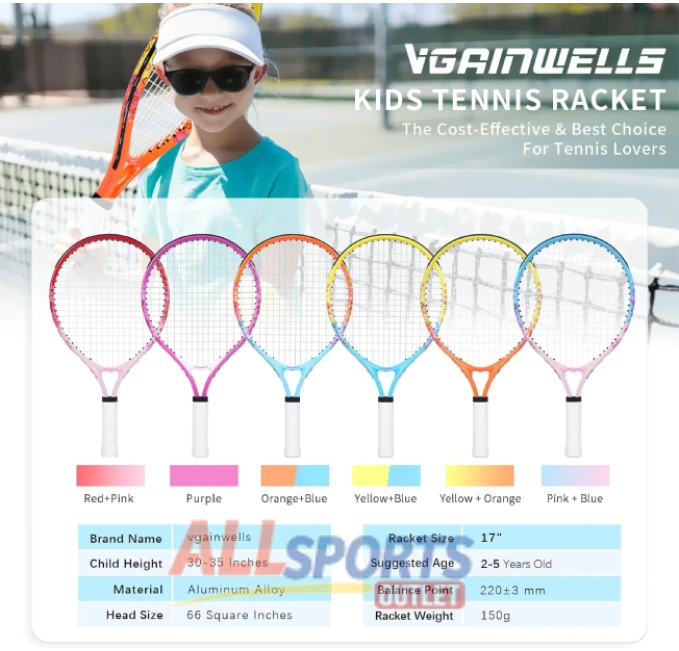 17"-23" Kids Tennis Racket Lightweight and Durable for Ages 2-9 by All Sports Outlet