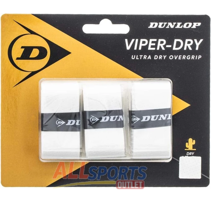 Dunlop ViperDry Overgrip 3 Pack White V17 Tennis Racket All Sports Outlet