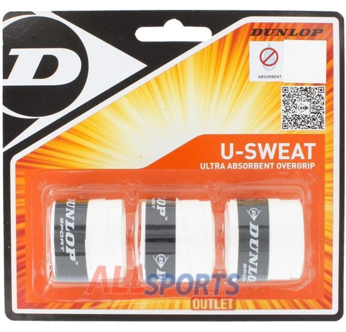 Dunlop U-Sweat 3 Pack Overgrip White Tennis Racket All Sports Outlet