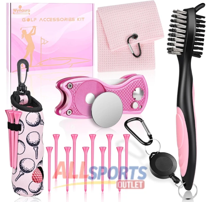 All Sports Outlet 15PCS Pink Golf Accessories Kit for Women Includes Club Cleaner, Ball Bag, Divot Tool