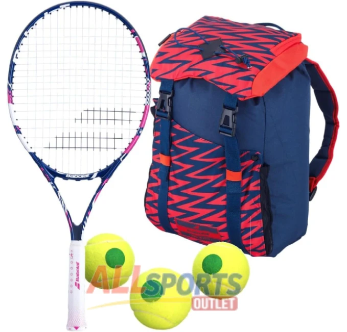 Babolat B'Fly 21 Inch Tennis Racquet with Blue Red Backpack and 3 Orange Transition Balls for Kids