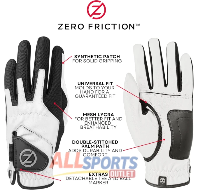 Zero Friction Compression Fit Golf Glove Pack of 2 with Tees for Men at All Sports Outlet