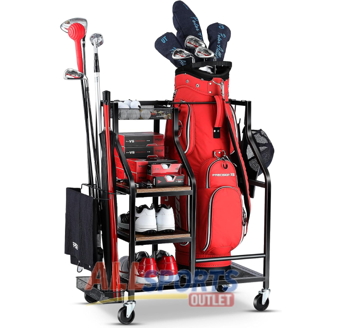 Golf Bag Storage Garage Organizer with Wheels for Clubs and Equipment