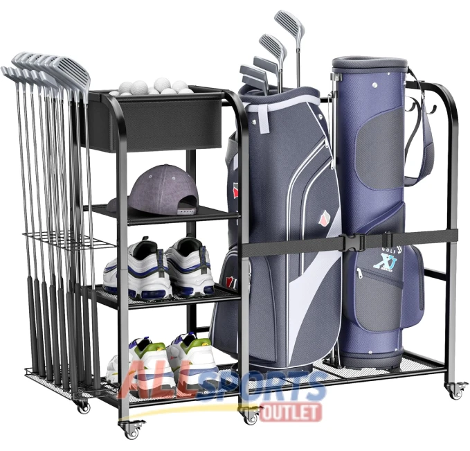 "All Sports Outlet Golf Bag Storage Organizer for 2 Bags and Golf Equipment with Wheels"