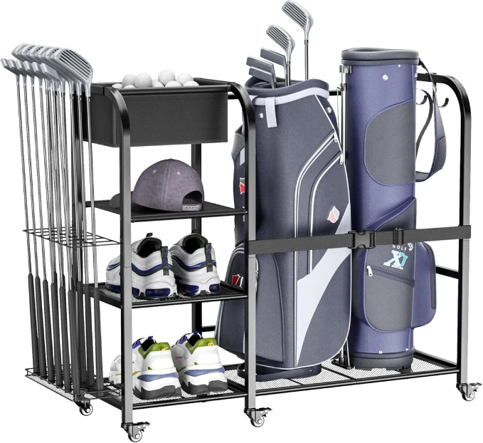 "All Sports Outlet Golf Bag Storage Organizer for 2 Bags and Golf Equipment with Wheels"