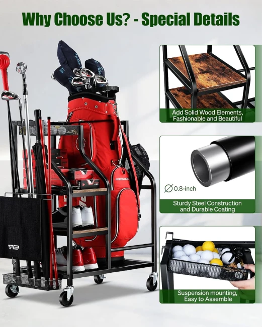 Golf Bag Storage Rack with Wheels for Garage at All Sports Outlet