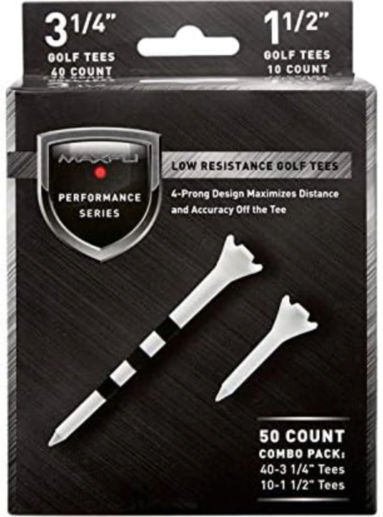 Maxfli Performance Series Low Resistance Golf Tees for better distance and accuracy. 50 pack of tees in 3 ¼” and 1 ½” sizes. Maxfli Performance Series Low Resistance Golf Tees 50 Pack from All Sports Outlet