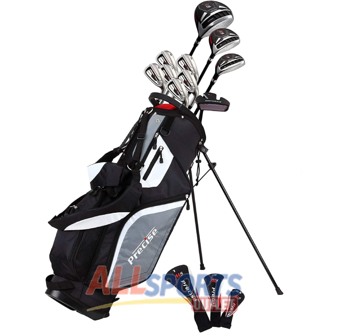 "All Sports Outlet Precise M5 Men's Complete Golf Clubs Set with Titanium Driver, S.S. Fairway, Hybrid, Irons, Putter, and Stand Bag"