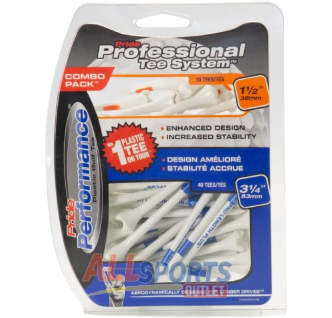 Pride Professional Tee System Combo Pack 3 1/4 Inch Durable Golf Tees