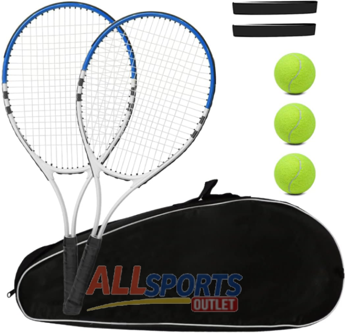 Prestrung lightweight tennis racket for adults, ideal for training and recreational play, includes carry bag, overgrips, and tennis balls.