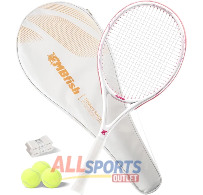 Tennis racket value set with pre-strung handle, 27-inch size, includes tennis balls, overgrips, and bag.