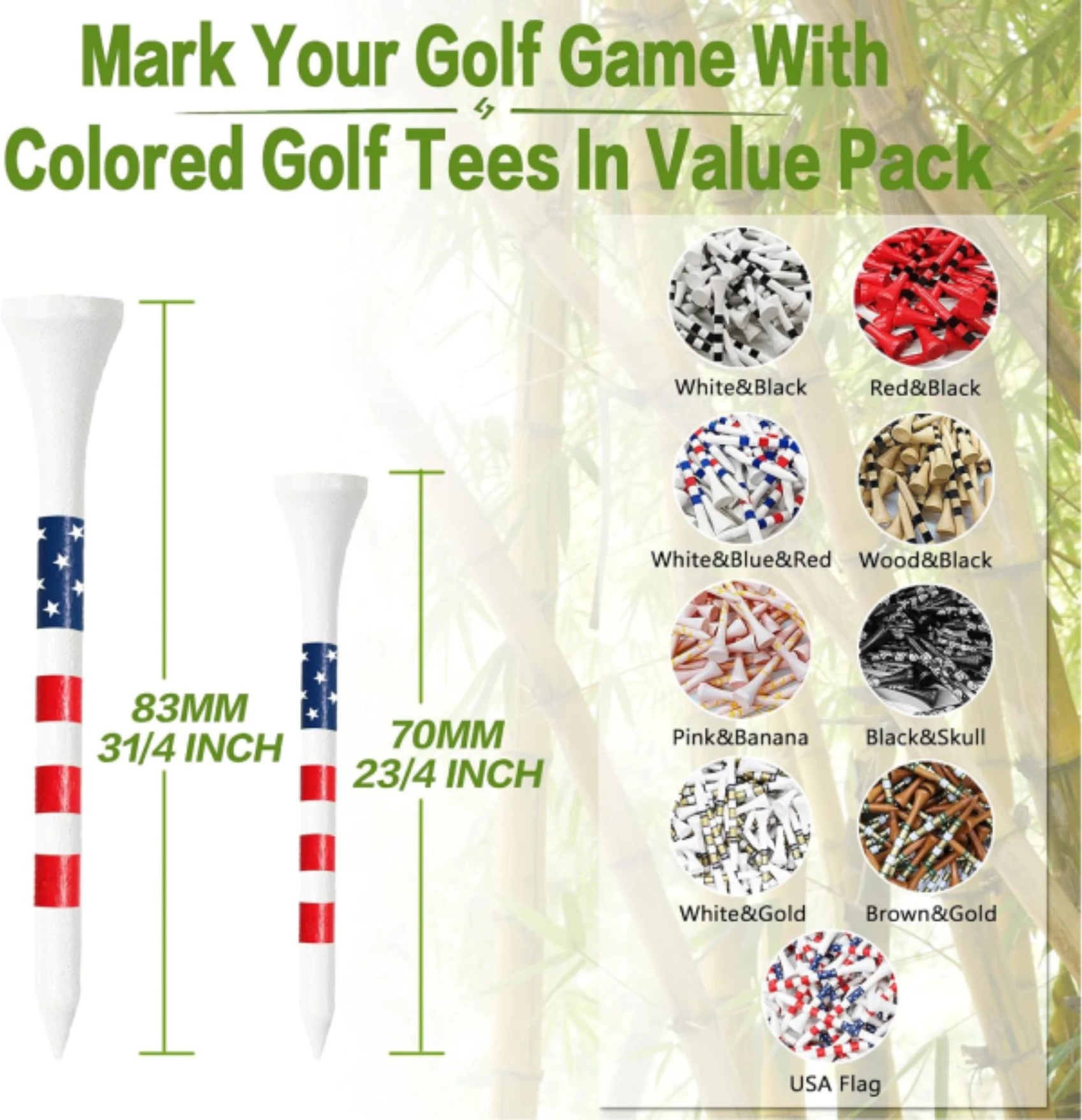Biodegradable Bamboo Golf Tees 3 1/4 2 3/4 Inch 120 Count Durable Colored Bulk Pack