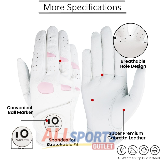 FINGER TEN Women's Golf Glove with Ball Marker for Comfortable Fit and Grip