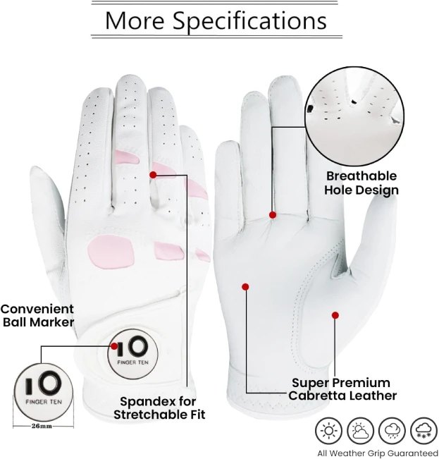 FINGER TEN Women's Golf Glove with Ball Marker for Comfortable Fit and Grip