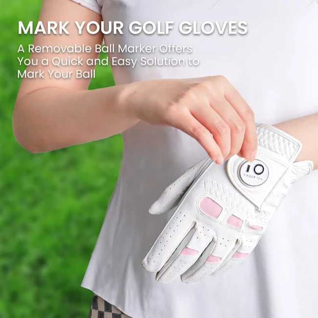 FINGER TEN Women's Pink Leather Golf Glove with Ball Marker for Better Grip and Comfort