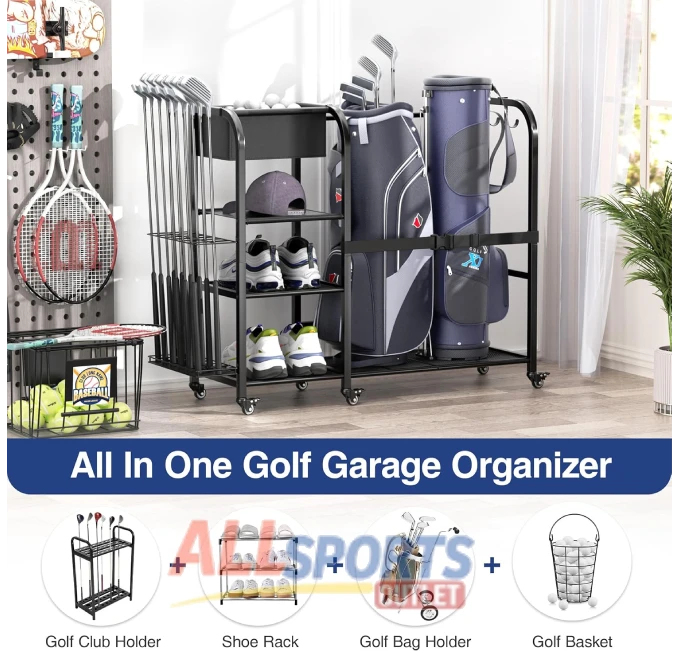 "Golf Bag Storage Organizer for Garage and Shed All Sports Outlet with Wheels"