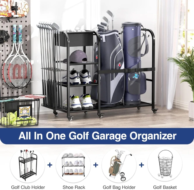 "Golf Bag Storage Organizer for Garage and Shed All Sports Outlet with Wheels"