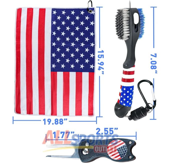 Golf Club Brush American Flag Golf Towels Cleaning Kit for Easy Maintenance