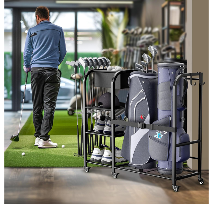 "Golf Equipment Storage Rack for 2 Bags with Wheels at All Sports Outlet"
"Golf Equipment Storage Rack for 2 Bags Available at All Sports Outlet"