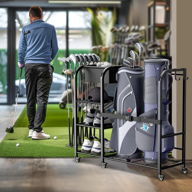 "Golf Equipment Storage Rack for 2 Bags Available at All Sports Outlet"