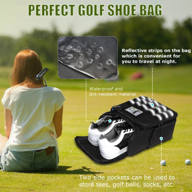 Golf shoe bag for sports with ventilation and zipper closure for accessories