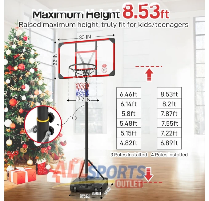 Kids Basketball Hoop Portable Adjustable 4.82-8.53ft for Outdoor Play All Sports Outlet