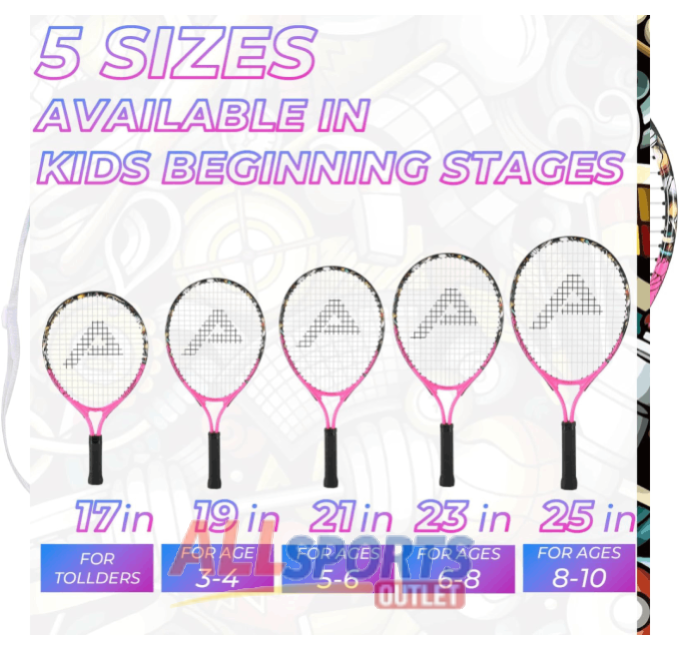 Kids tennis racket starter kit, 17-25 inches, lightweight aluminum frame with carrying bag by All Sports Outlet.