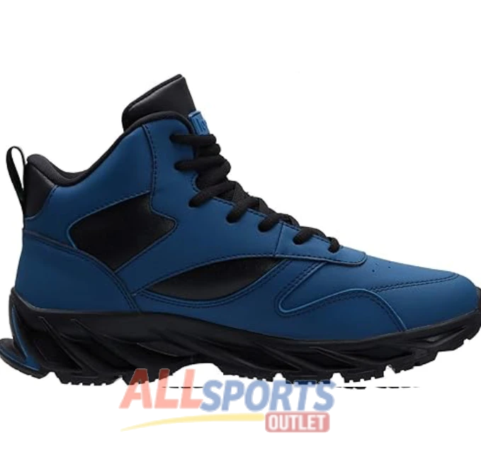 Men's high top athletic sneakers in black, red, and white with durable rubber sole for maximum comfort and ankle support.