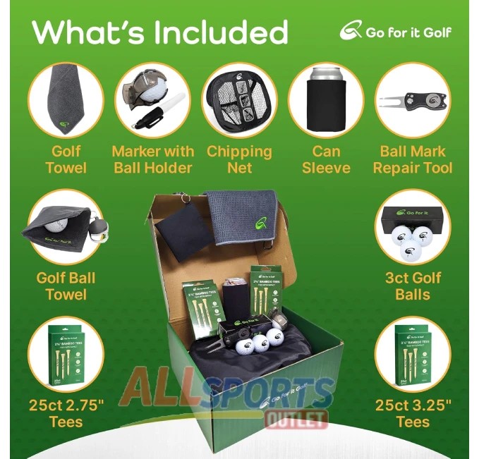 "Ultimate Golf Kit Gift Box with Premium Golf Accessories and Gear from All Sports Outlet"