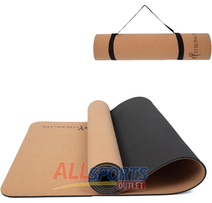 StrongTek 7mm Cork TPE Yoga Mat with Strap All Sports Outlet