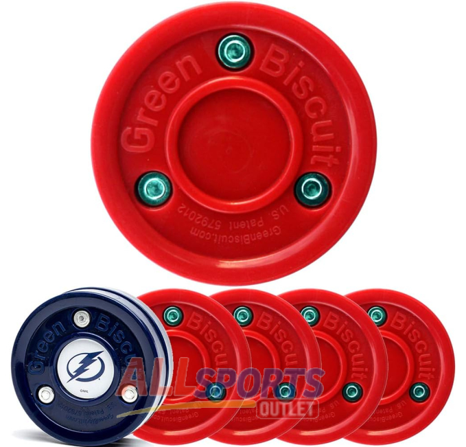 Green Biscuit Red 4 Pack Hockey Pucks for Street Hockey All Sports Outlet