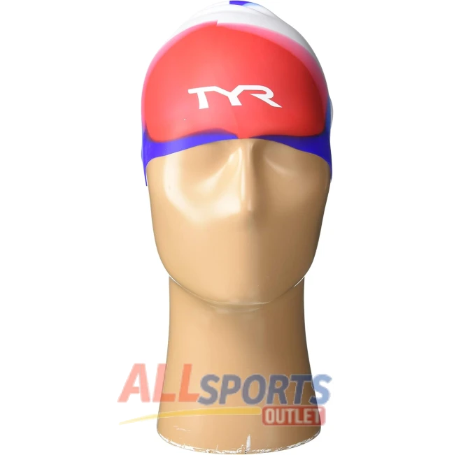 TYR Unisex Child Tie Dye Long Hair Swim Cap Red White Blue All Sports Outlet