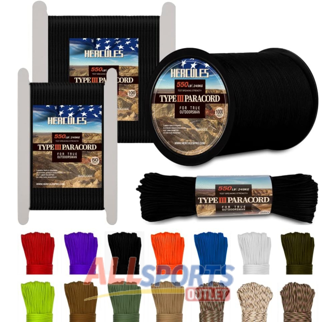 HERCULES Type III Paracord 550 Black Rope 100' Survival Cord All Sports Outlet