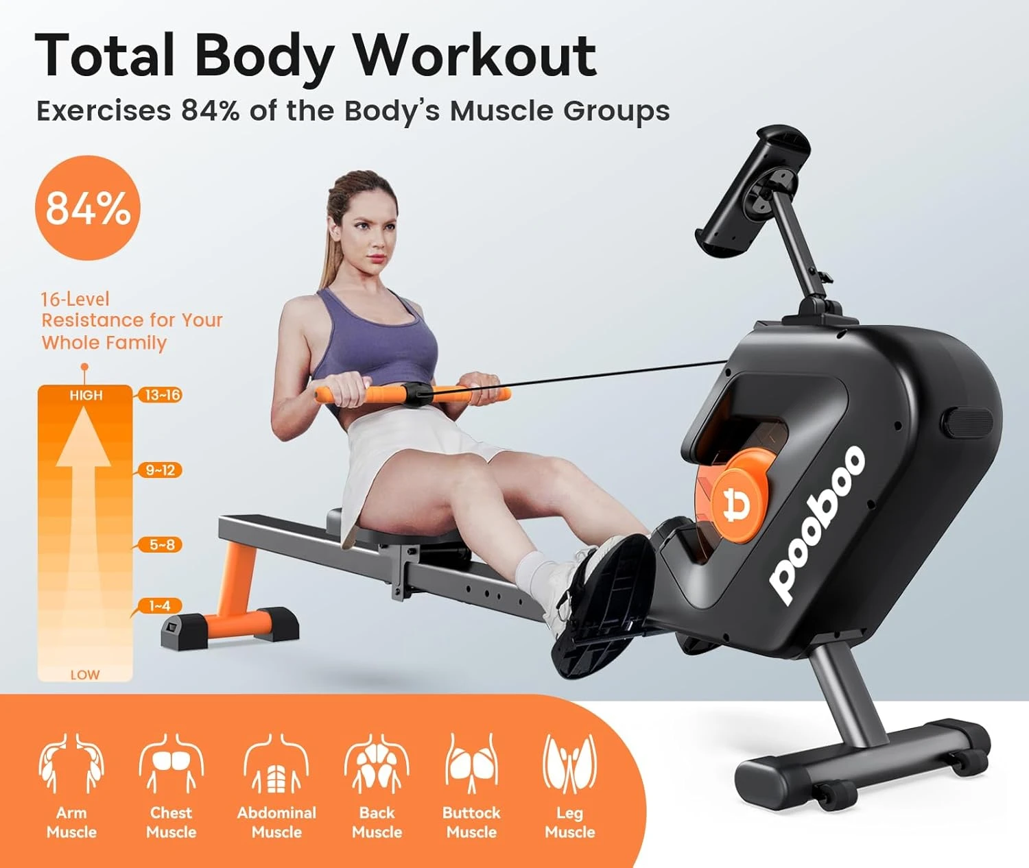 Pooboo Rowing Machine Max 350 LBS Magnetic Rower All Sports Outlet - Image 2