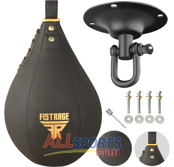 FISTRAGE Speed Bag Boxing Ball Leather MMA Muay Thai Training Punching Dodge Striking Kit with Free Hanging Swivel Workout Speedball Kicking Platform Equipment Golden Black All Sports Outlet