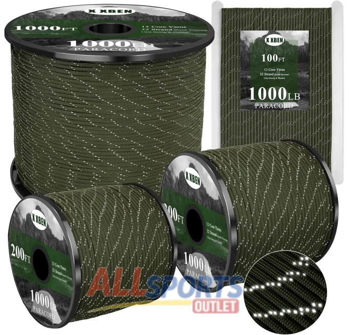 XBEN Reflective Paracord 1000lb Army Green Tactical Rope All Sports Outlet