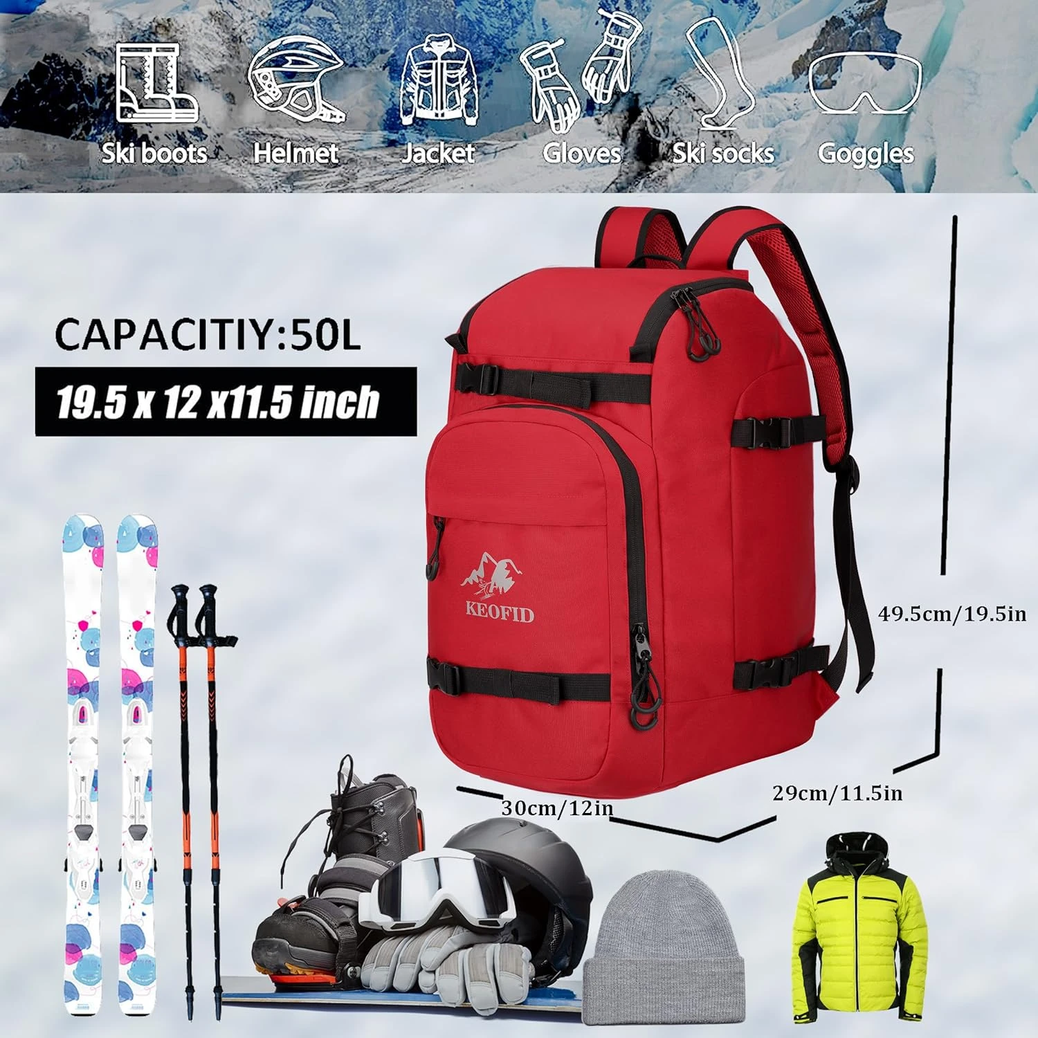 KEOFID 50L Waterproof Ski Boot Bag for Men and Women All Sports Outlet - Image 2